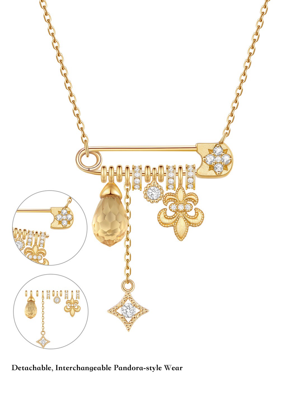 Gold Detachable Iris Citrine Necklace – Multi-Way Wear, Yellow Crystal Floral Design