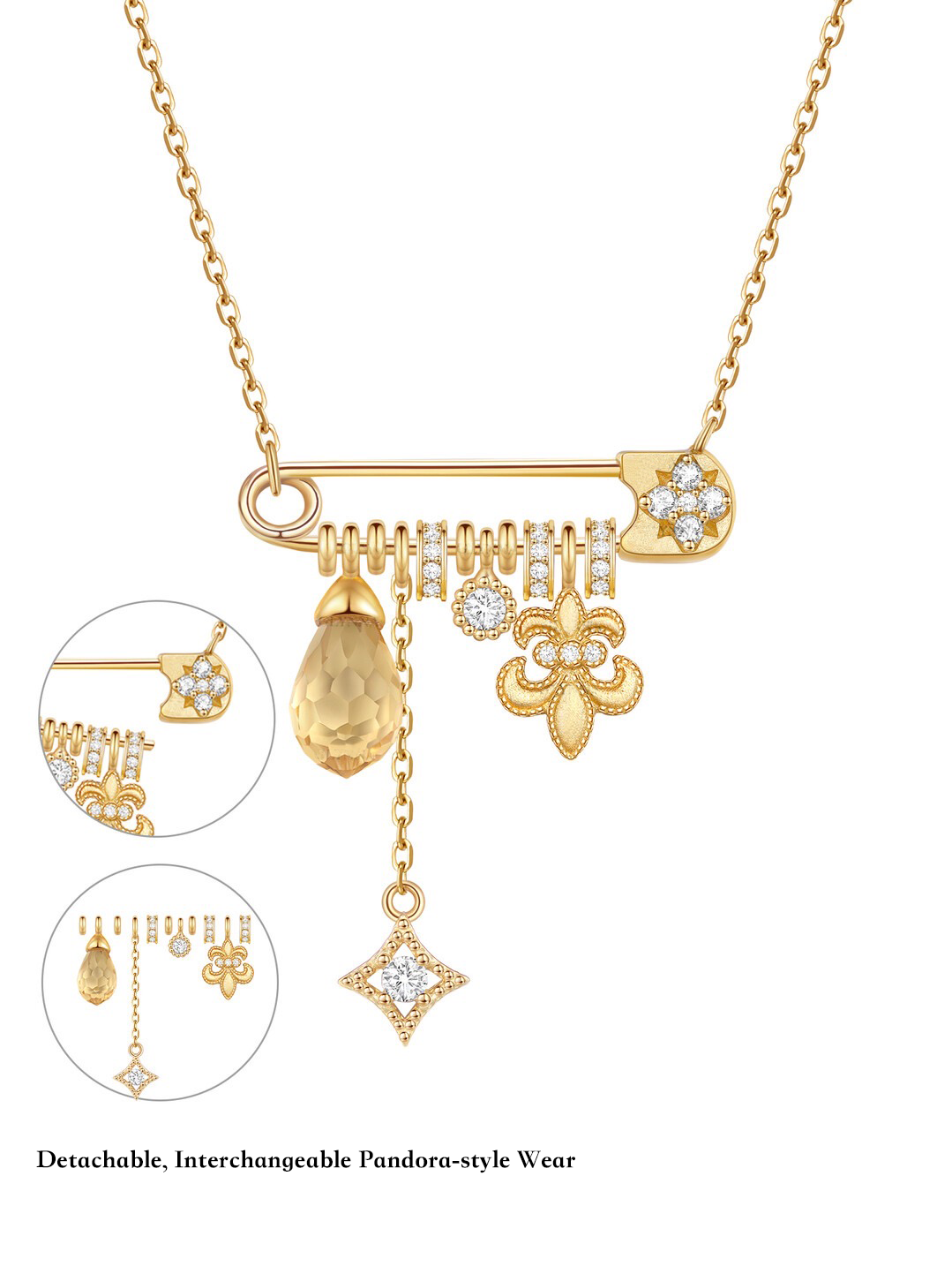 Gold Detachable Iris Citrine Necklace – Multi-Way Wear, Yellow Crystal Floral Design