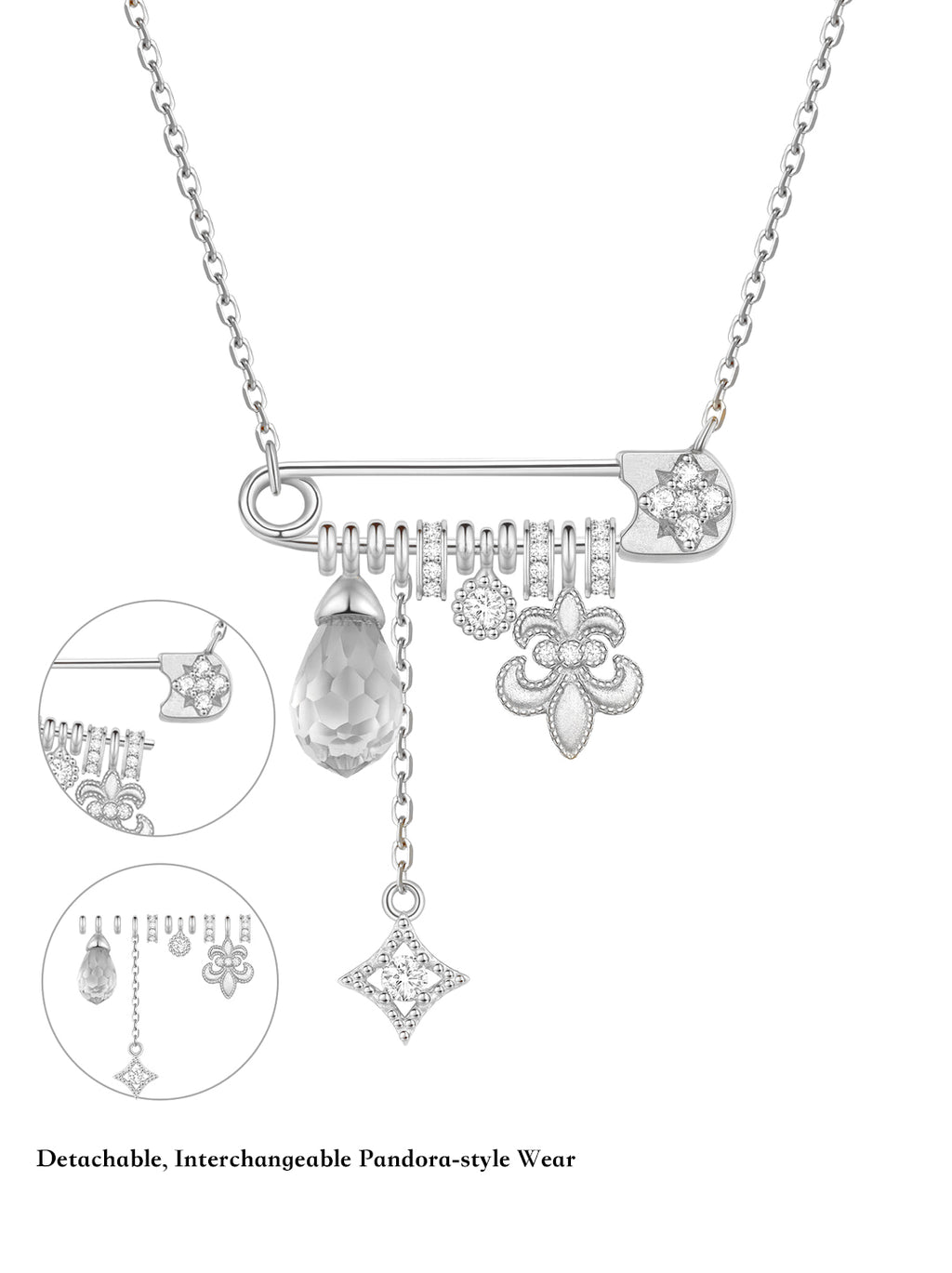 Silver Detachable Iris Citrine Necklace – Multi-Way Wear, Yellow Crystal Floral Design