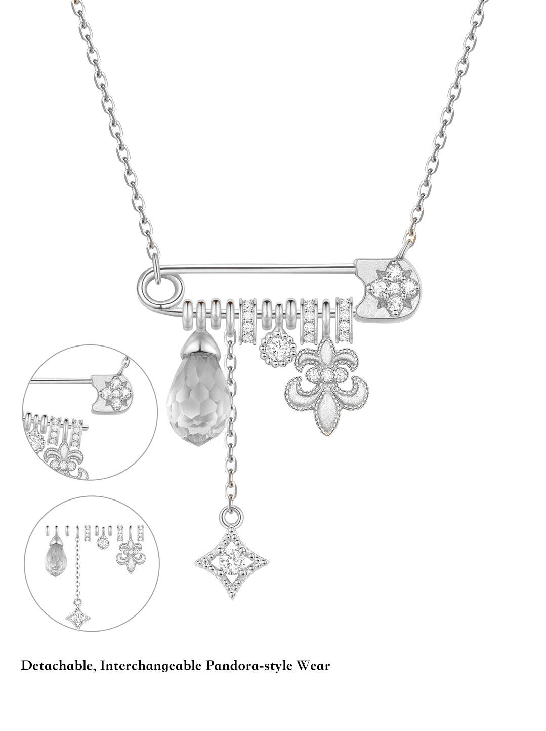 Silver Detachable Iris Citrine Necklace – Multi-Way Wear, Yellow Crystal Floral Design