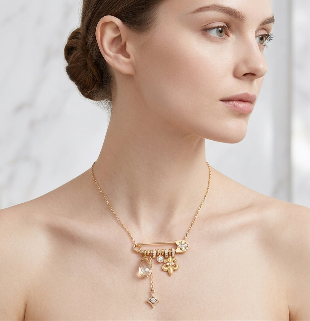 Gold Detachable Iris Citrine Necklace – Multi-Way Wear, Yellow Crystal Floral Design
