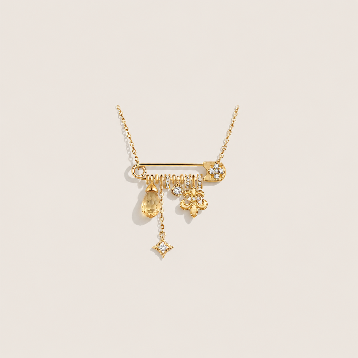 Gold Detachable Iris Citrine Necklace – Multi-Way Wear, Yellow Crystal Floral Design